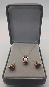 14K Yellow Gold Necklace & Earrings Set Oval Faceted Red Garnet Pendant - Picture 1 of 5