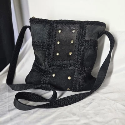 Vintage 90s Y2K The SAK Black Leather Suede Crochet Patch Work Stidded Hobo Bag - Image 1 of 4
