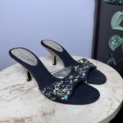 Tacones de gatito negros con cuentas de principios de 2000 de lavandería china vintage talla 9 Foto 1 de 4