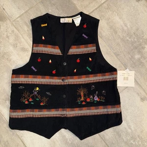 Gilet Halloween Casey & Max vintage nuovo con etichette nero ricamato zucca caramelle mele L - Foto 1 di 6