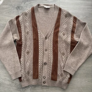 VTG Norm Thompson Mens L Cosby Leather Wool Cable Knit Cardigan Sweater Italy - Picture 1 of 17