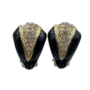 Oscar de la Renta Vintage signierter Halbcreolen Gold schwarz Emaille Kristall - Bild 1 von 11