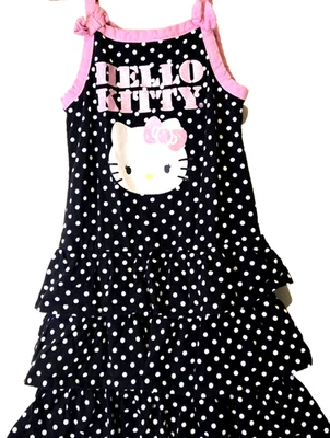 Vestido Solero Hello Kitty Niñas Talla M (7-8) Rosa/Negro Lunares Lazo Volantes Vestido en Niveles Foto 1 de 4