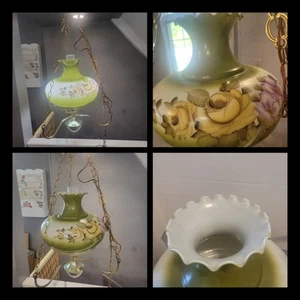 Vintage Hanging Parlor Lamp Hand Painted Glass W Chimney Shade Gwtw Hurricane  - Picture 1 of 24