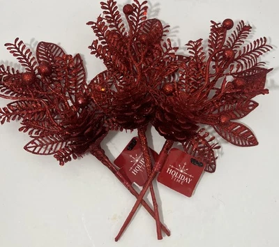 3 selecciones de decoración floral con brillo rojo navideño de 10x4 pulgadas nuevas con etiquetas Foto 1 de 4