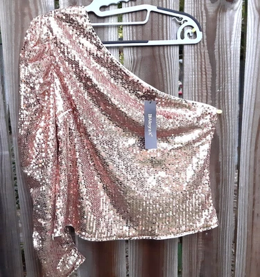 Allegra K Sequin One Shoulder Puff Long Sleeve Top  Cocktail Party XL Rose Gold - Image 1 of 4