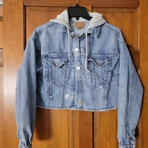 Women's Small American Eagle Jean Hooded Cropped Jacket Raw Hem Vintage Look - Picture 1 of 4