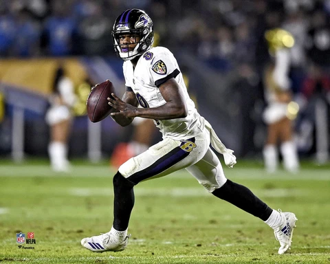 Lamar Jackson Baltimore Ravens Unsigned White Jersey Scrambling 8" x 10" Photo Cover