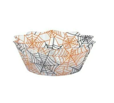 Halloween Orange and Black Spider Webs Plastic Fluted Serving Bowl – 1 Piece - Image 1 of 2