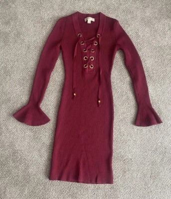 Michael Kors Sweater Dress Sz S Stretch Lace Up Grommet Bell Sleeves Berry Wine - Image 1 of 4