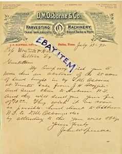 1895 LETTERHEAD DM Osborne &Co DALLAS TEXAS Farm Machinery JOHN SPENCE MaxweLL - Picture 1 of 1