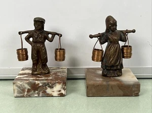Vintage Dutch Brass Figurines Figures Marble Base Boy Girl With Water Pails - Picture 1 of 10