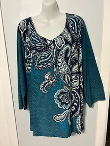 NWT JM Collection Teal Evergreen Paisley Multi Top with 3/4 Sleeve  Plus Size 4X - Picture 1 of 3