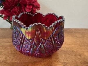 Indiana Glass Heirloom Sunset Ruby Red Carnival Glass Bowl Scalloped Rim Vintage - Picture 1 of 7