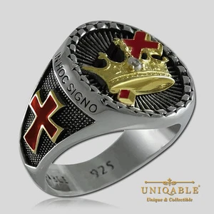 Men's Knights Templar Ring with Cross & Crown - IN HOC SIGNO VINCES by UNIQABLE - Picture 1 of 12