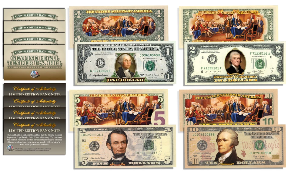 The Declaration of Independence 2-Sided U.S. Bills $1 $2 $5 $10 * SET OF ALL 4 * - Image 1 of 1