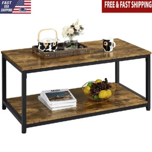 Industrial Rectangular Wood Metal Coffee Table W/ Storage Shelf Easy Assembly US - Picture 1 of 8