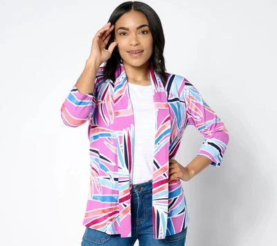 Cárdigan Denim & Co. Estampado Playa Manga 3/4 Rosebud XX-Pequeño A650518 Foto 1 de 4