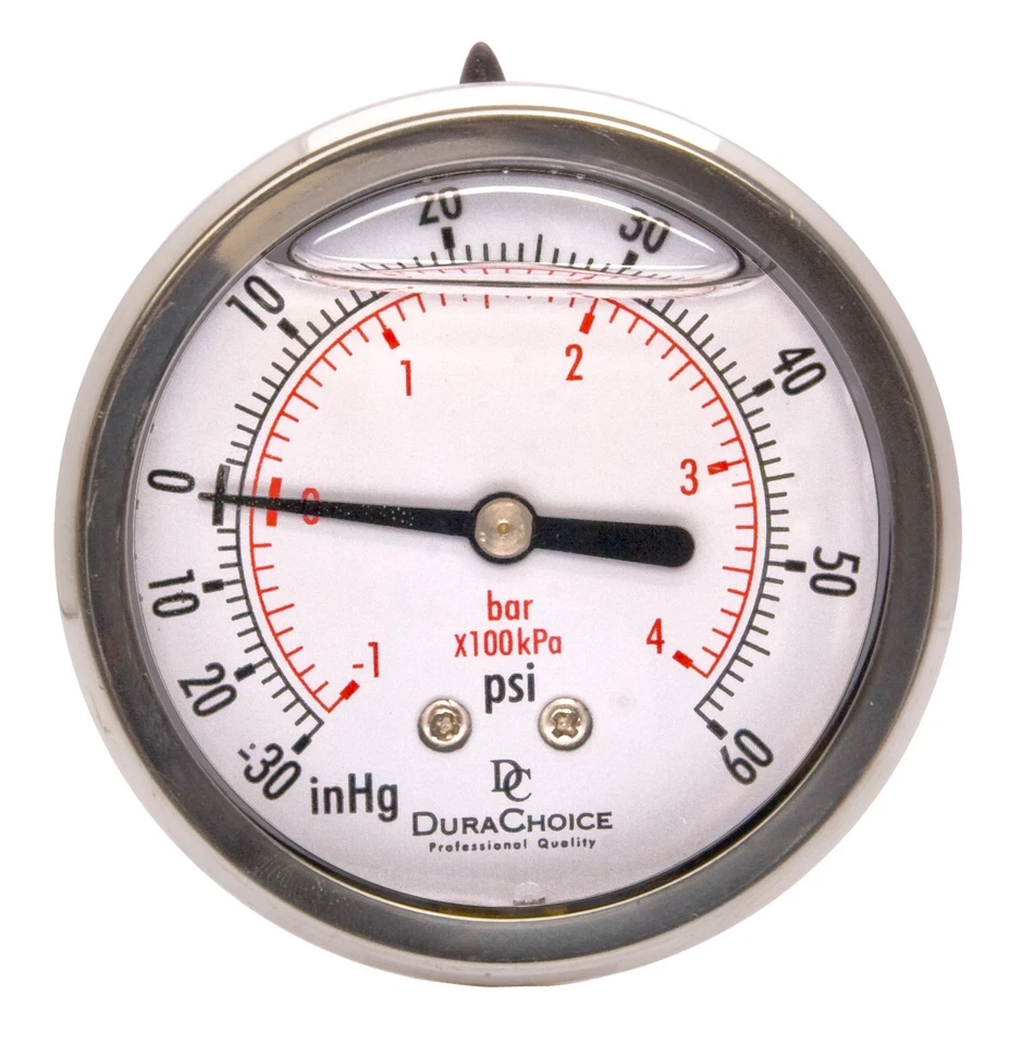 2-1/2" Oil Filled Pressure Gauge, SS Case, 1/4" NPT, Back Mount -30HG/60PSI - Image 1 of 4