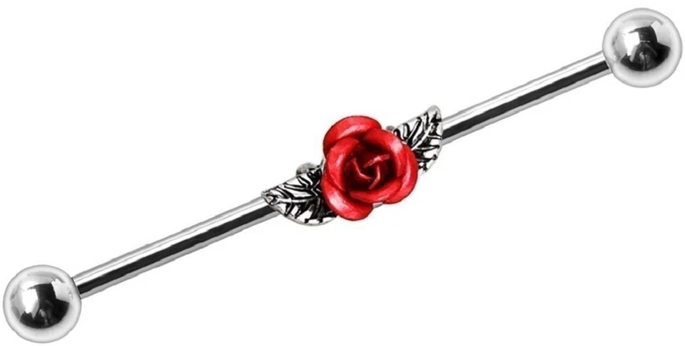Industrial Barbell 316L Surgical Steel Bar Red Rose 1 1/2 - Image 1 of 1
