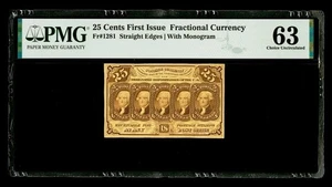 Fractional Currency 25c First Issue Fr.1281 Straight Edges With Monogram PMG 63 - Picture 1 of 2