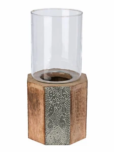 Windlicht Kerzenhalter Mangoholz verziert mit metall Glasaufsatz aus Indien (20) - Bild 1 von 2