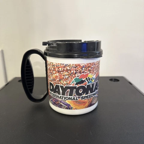 Vintage Nascar Daytona 500 Insulated Mug Thermos WHIRLEY INDUSTRIES Made In USA Cover