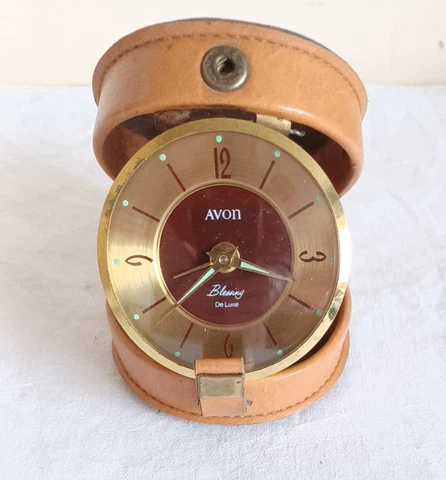 Small Vintage Brass Avon Travel Alarm Clock in Leather Case - Spares or Repair Cover