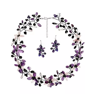 Intricate Amethyst &Clear Quartz Floral .925 Silver Jewelry Set - Picture 1 of 4