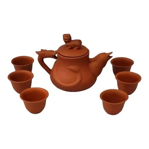 Vintage Yixing Zisha Red Clay Pottery Dragon Phoenix Tea Set Teapot Cups 7 Piece - Picture 1 of 10