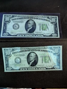 SET OF TWO 1934 Lime Green Seal Federal Reserve Note Ten Dollar, RARE! - Picture 1 of 7