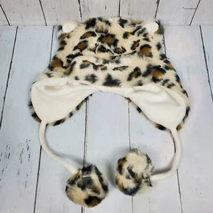 Hanna Andersson Leopard Print Faux Fur Winter Hat w Pom Poms & Ears Size M Kids - Picture 1 of 5