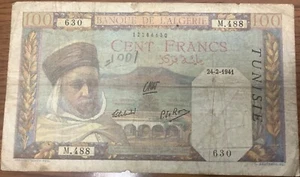 Tunisia overprint on Algeria French Colonial 100 Francs 24-2-1941 WW 2 - Picture 1 of 2