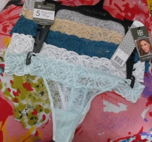 5 NEW DAISY FUENTES  DF4486 3 PERFECT FIT MID-RISE LACE THONG PANTIES L - Picture 1 of 2