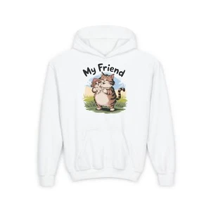 Whimsical Cats With "My Friend" Text Youth Heavy Blend Hooded Sweatshirt - Picture 1 of 5