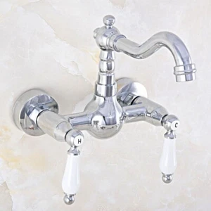 Polished Chrome Dual Handles Faucet Wall Mount Bathroom Vessel Sink Mixer Tap - Picture 1 of 7