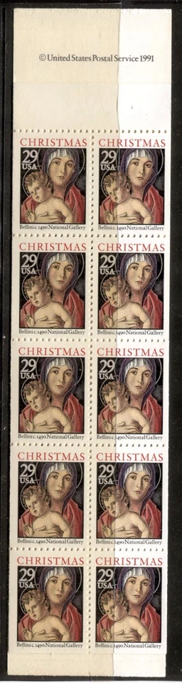 UNITED STATES 1992, ART BELLINI PAINTING CHRISTMAS Scott 2710a BK - 2 panes, MNH - Image 1 of 1