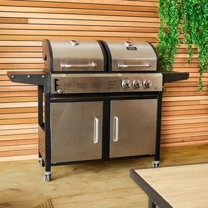 Charles Bentley Dual Burner Gas Grill & Charcoal Grill BBQ - Stainless Steel - Picture 1 of 7