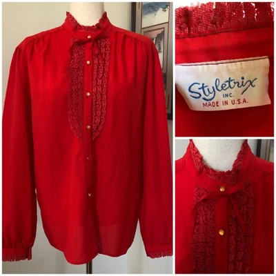 VTG 70s Red Lace Ruffle Blouse Neck Tie Romantic Goth Vampirecore Holiday USA XL - Image 1 of 4