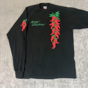 Vintage Christmas Chili Peppers Shirt Mens XL Long Sleeve Black Made USA 90s - Picture 1 of 11