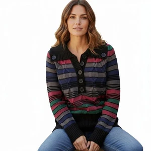 Vintage 1990s Y2K DKNY Jeans Pink Green Striped Long Sleeve Sweater Small S - Picture 1 of 8