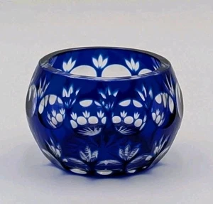 Vintage Cobalt Blue Cut-to-Clear Crystal Votive Candle Holder 2-3/8" Tall - Picture 1 of 11