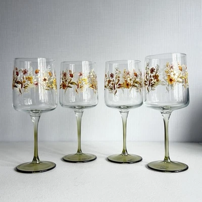 New. Set of 4 Rakle Wine Glasses 8” Tall Green Stem Autumn Floral Design Turkey - Image 1 of 4