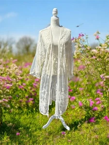 Kimono de encaje Calstyle para mujer 2XL blanco manga larga malla bordada frente abierto - Imagen 1 de 12