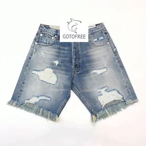 GOTOFREE 25SS DENIM DISTRESSED SHORTS VINTAGE INDIAN BROKEN SUMMER SHORTS BLUE - Picture 1 of 11