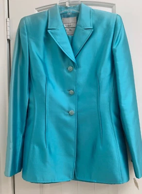 $2295 Badgley Mischka Turquoise Blue Skirt Suit w/Jewel-Tone Buttons Sz 40 NWT - Image 1 of 4