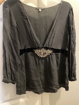 Patrizia Pepe Firenze Silk Blouse Velvet Waist Rhinestones Black Holiday 44 M - Image 1 of 4