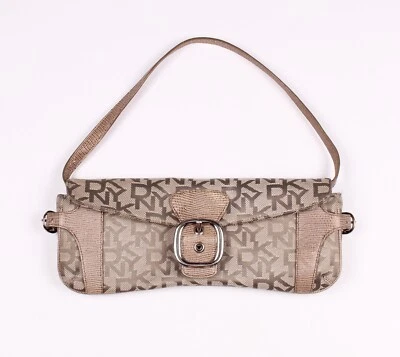 Bolso Baguett Vintage DKNY Monograma Y2K Años 90 Glam Pequeño Hombro Taupe OS Foto 1 de 4