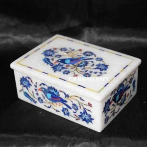 White Marble Jewellery Box, Lapis Lazuli Gemstone Inlay Trinket Box, Unique Gift - Picture 1 of 5