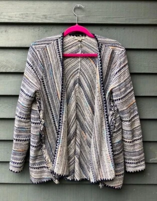 Lucky Brand Open Front Blue White Pottery Woven Cardigan With Fringe Size Small - Image 1 of 4